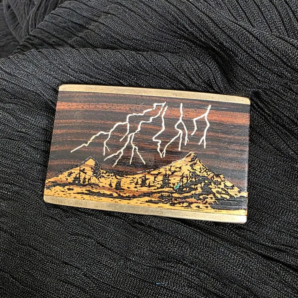 Vintage Sky West Albuquerque Wood Inlay Mountain Lightning Belt Buckle Brass